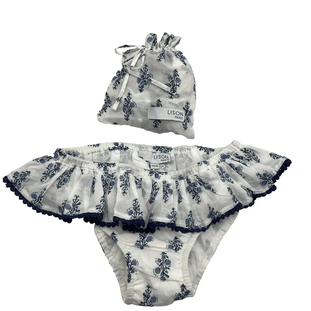 Lot of 3 Lison Paris Baby Bloomers 36M White Blue Cotton Ruffle NWT